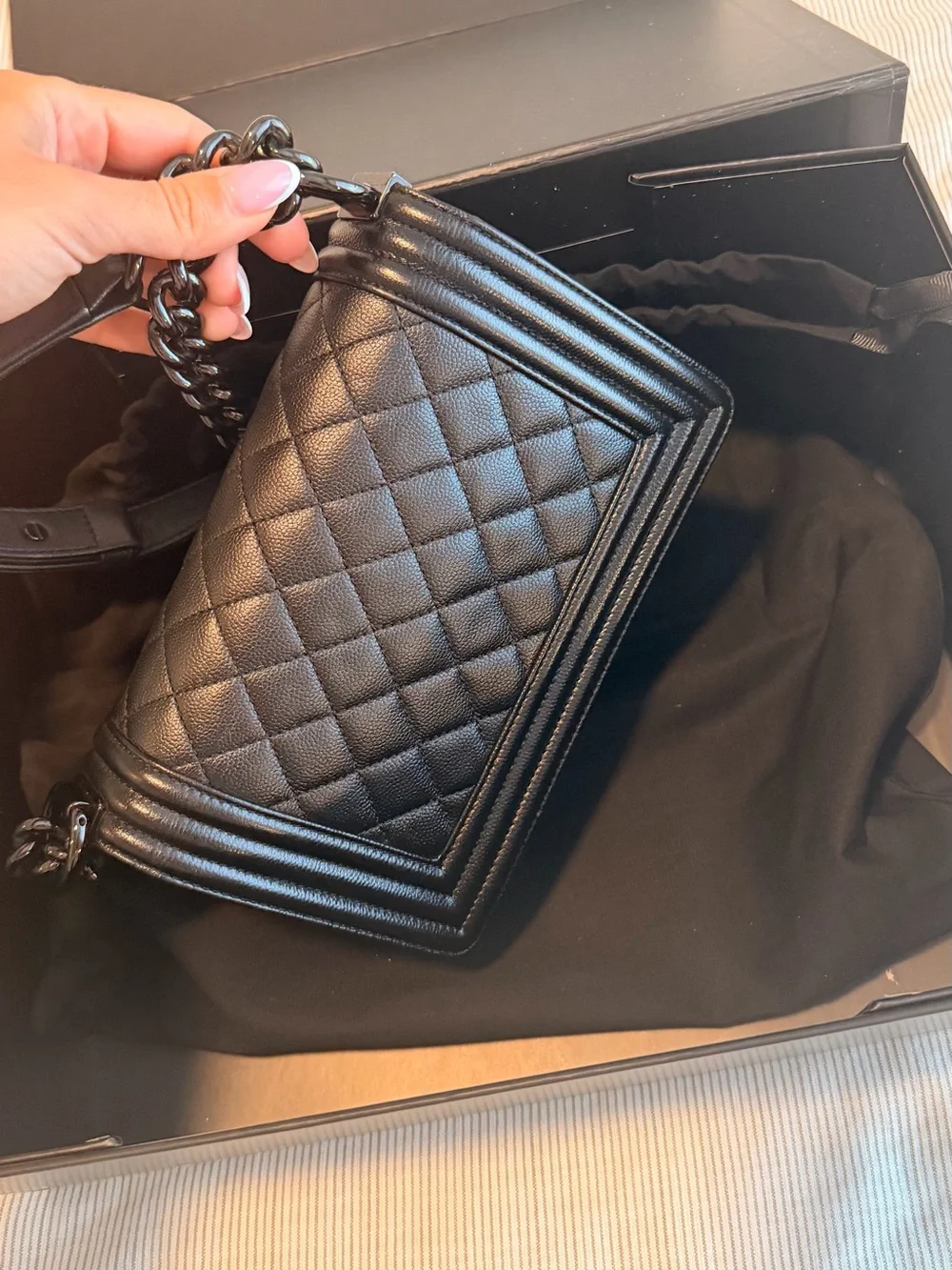 CHANEL SO Black Caviar Leather SMALL Boy Bag